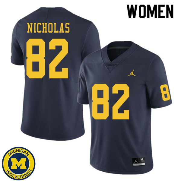 Womens Michigan Wolverines #82 Desmond Nicholas Navy Embroidery Jersey